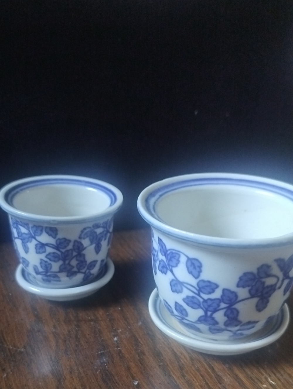Gorgeous Petite Blue and White Floral Ceramic Planter Set